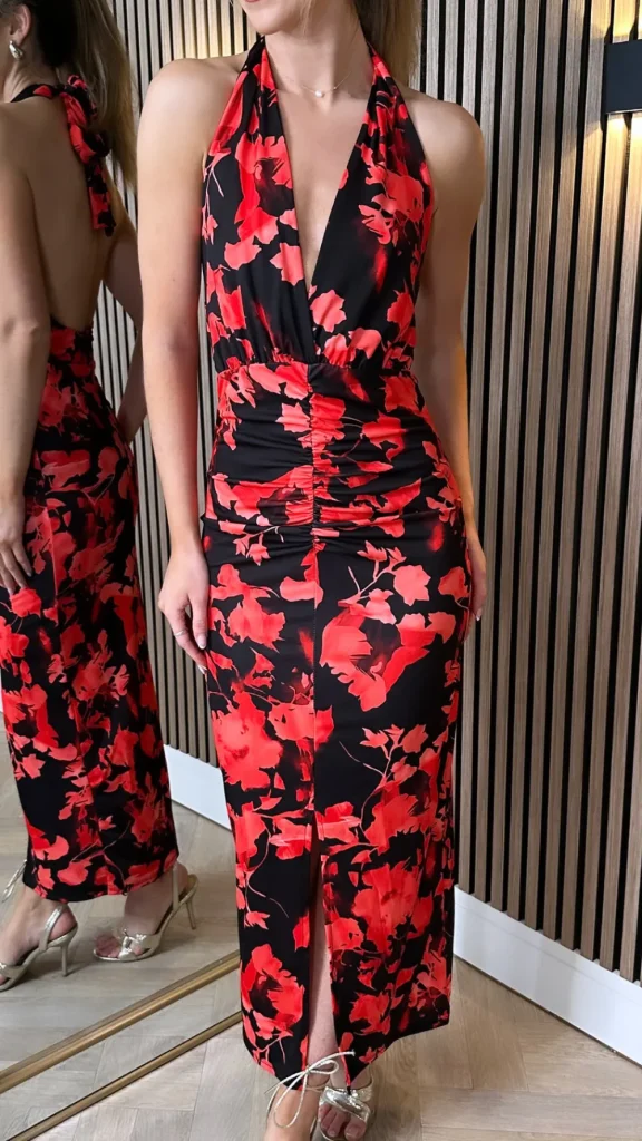 COPPEROSE Going Out Dresses | Occasion Dresses^Dorothy Black & Coral Printed Halterneck Midi Dress
