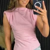 COPPEROSE Tops^Drew Pink High Neck Asymmetrical Hem Top