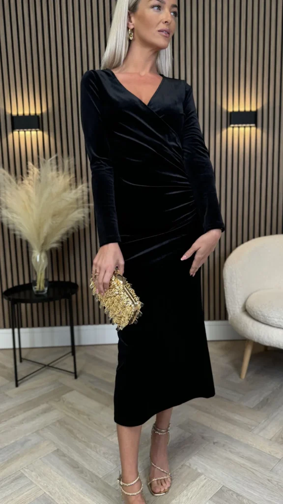 ATTENTIF Fitted Dresses | Going Out Dresses^Edina Black Wrap Effect Midi Dress