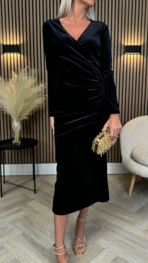 ATTENTIF Fitted Dresses | Going Out Dresses^Edina Black Wrap Effect Midi Dress