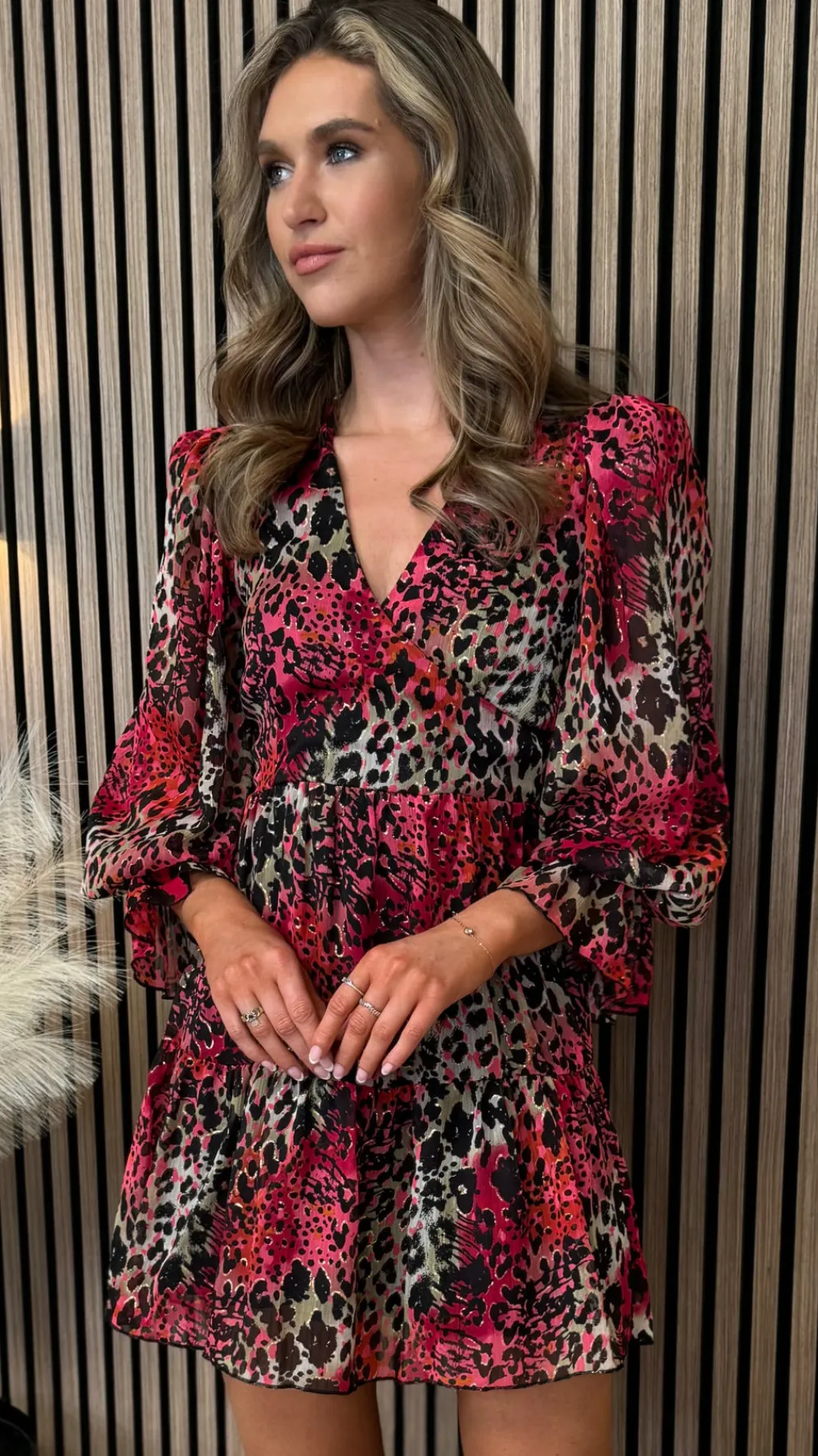 edyn_red_long_sleeve_anim_0.webp GIRL IN MIND Fitted Dresses | Day Dresses^Edyn Red Long Sleeve Animal Print Mini Dress
