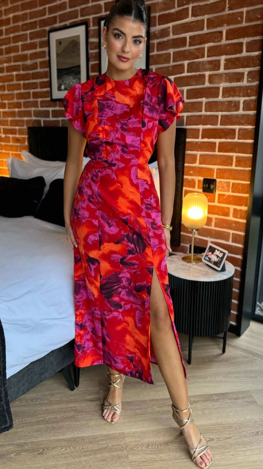 eimear_orange_amp_purple__1.webp AX PARIS Going Out Dresses | Occasion Dresses^Eimear Orange & Purple Abstract Print Flutter Sleeve Midi Dress
