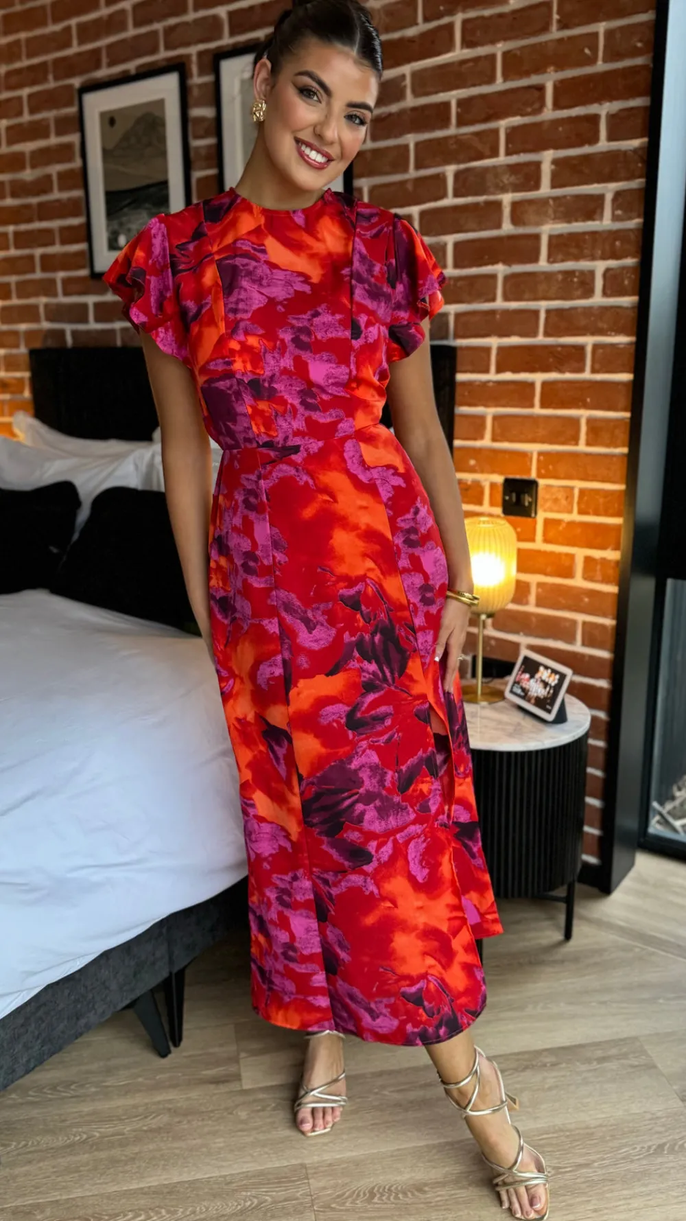 eimear_orange_amp_purple__3.webp AX PARIS Going Out Dresses | Occasion Dresses^Eimear Orange & Purple Abstract Print Flutter Sleeve Midi Dress