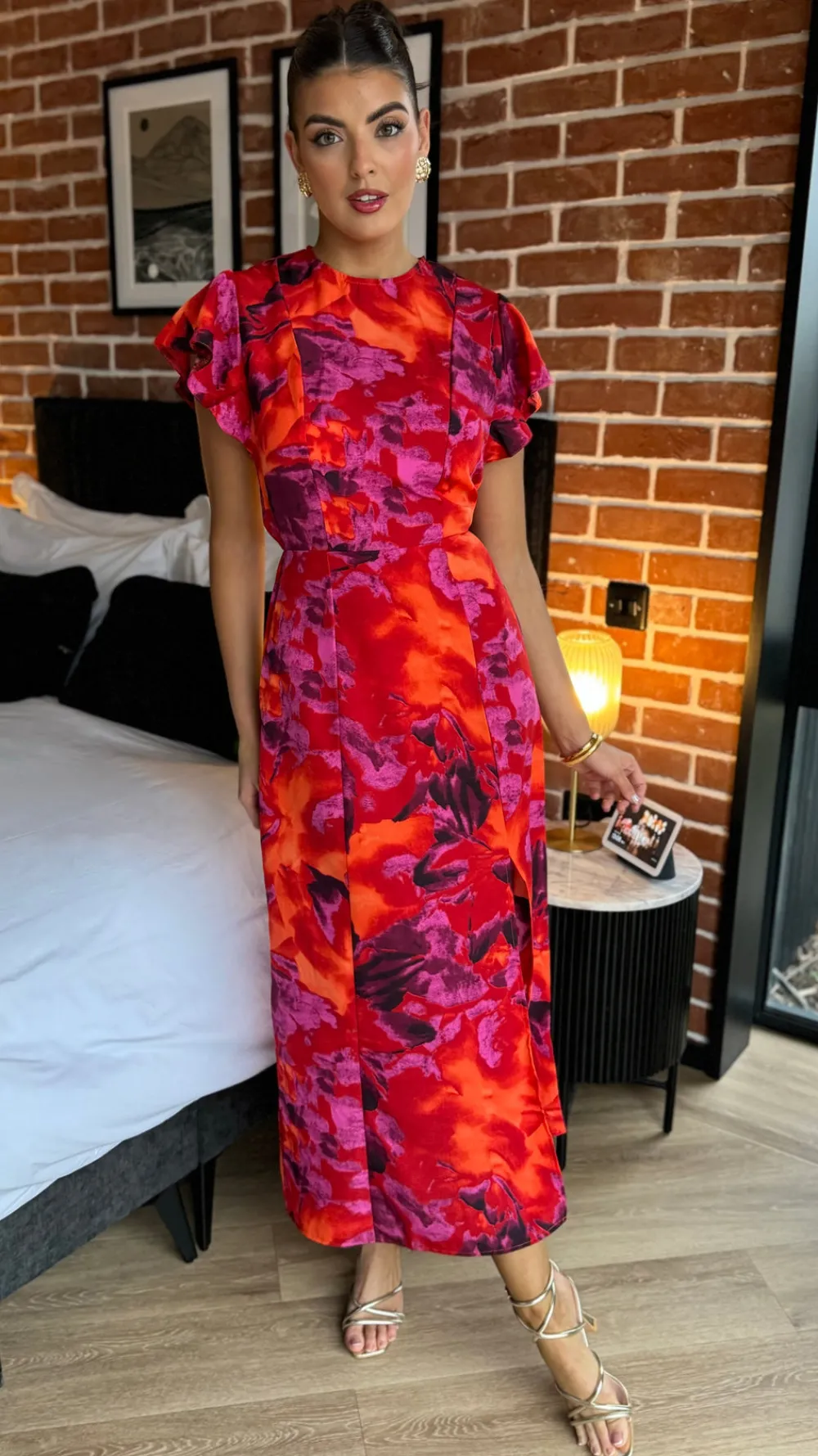 eimear_orange_amp_purple__4.webp AX PARIS Going Out Dresses | Occasion Dresses^Eimear Orange & Purple Abstract Print Flutter Sleeve Midi Dress