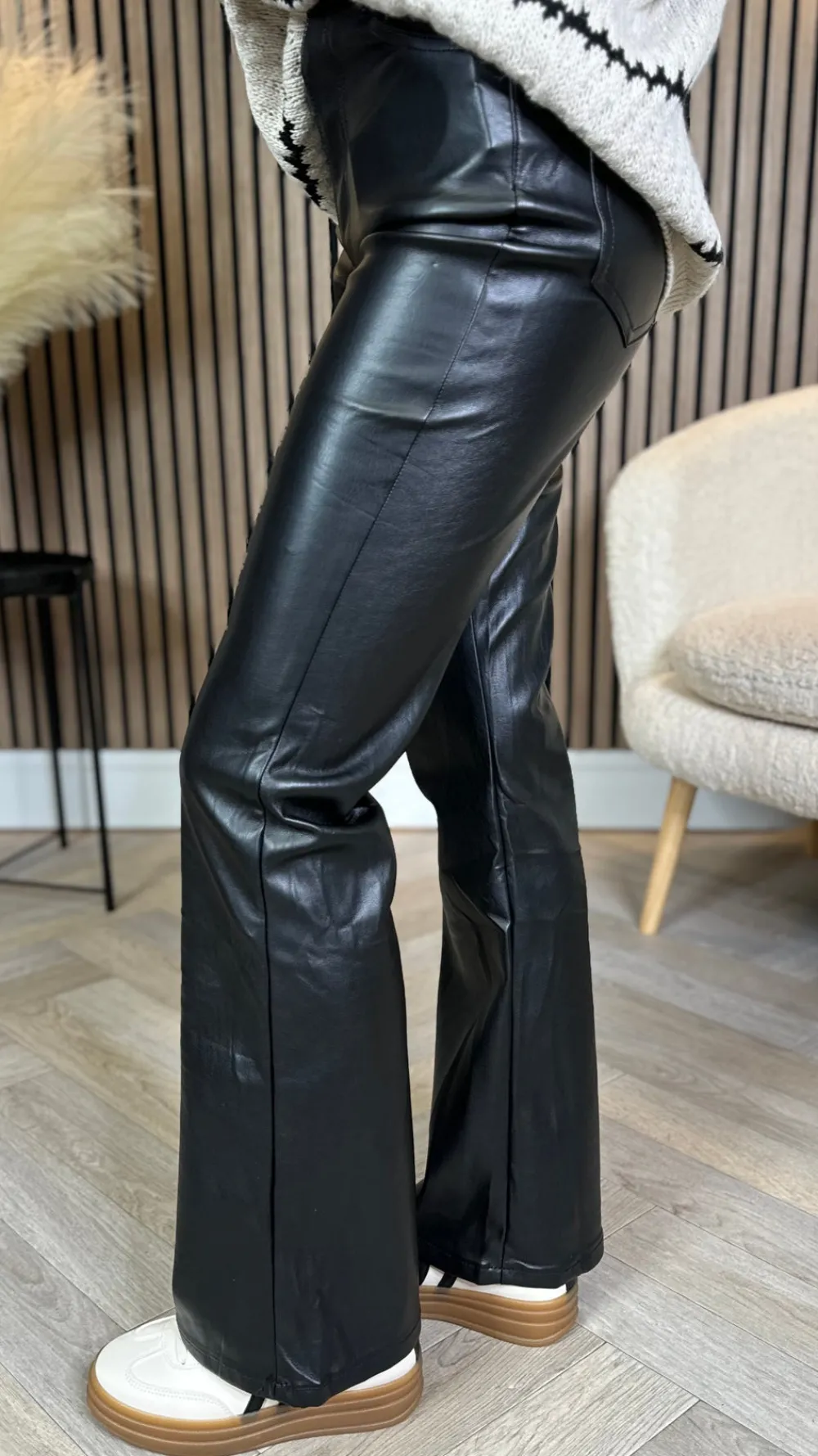 ellison_black_leather_loo_5.webp BABEZ LONDON Trousers^Ellison Black Leather Look Flared Leg Trousers