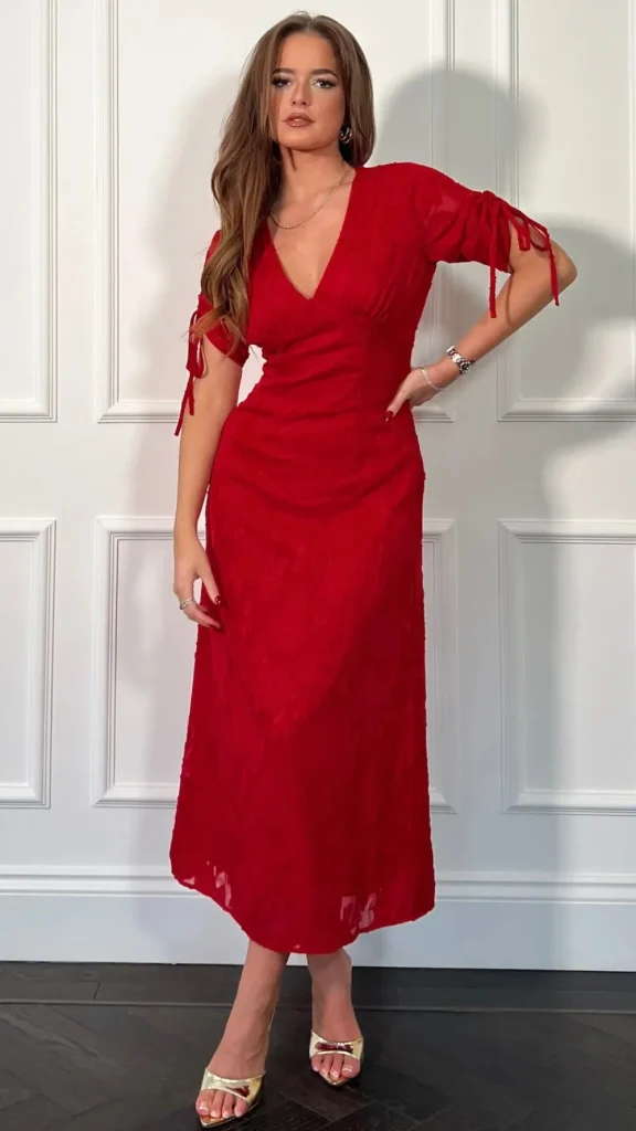 GIRL IN MIND Fitted Dresses | Going Out Dresses^Emiliana Burnout Red Tie Sleeve Midi Dress