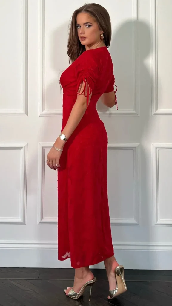 GIRL IN MIND Fitted Dresses | Going Out Dresses^Emiliana Burnout Red Tie Sleeve Midi Dress