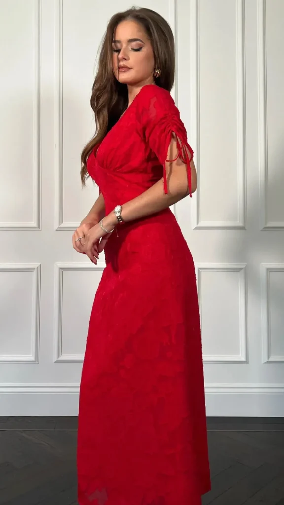 GIRL IN MIND Fitted Dresses | Going Out Dresses^Emiliana Burnout Red Tie Sleeve Midi Dress