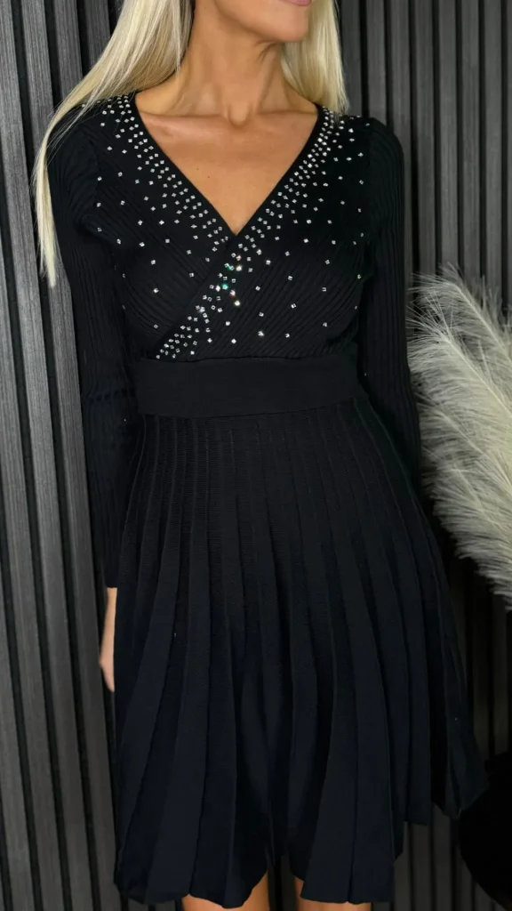 LUCCE Knitwear | Going Out Dresses^Emily Black Embellished Detail Knit Pleated Mini Dress