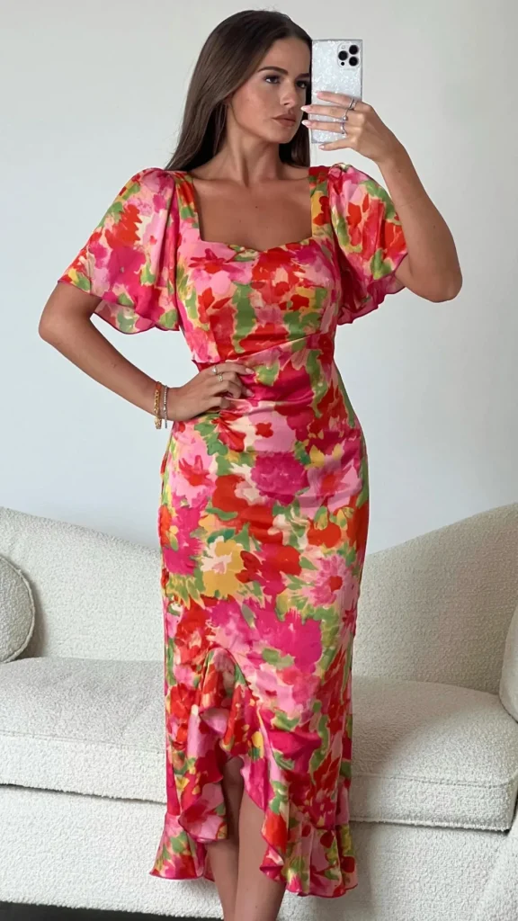 GIRL IN MIND Going Out Dresses | Occasion Dresses^Erica Orange Floral Burnout Ruched Midi Dress