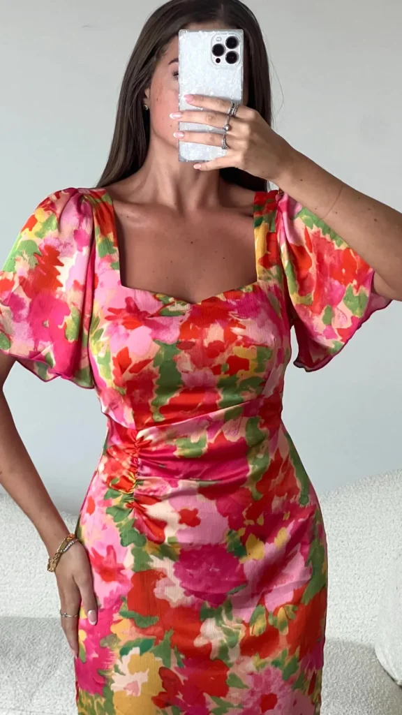 GIRL IN MIND Going Out Dresses | Occasion Dresses^Erica Orange Floral Burnout Ruched Midi Dress