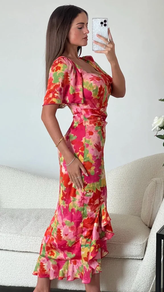GIRL IN MIND Going Out Dresses | Occasion Dresses^Erica Orange Floral Burnout Ruched Midi Dress