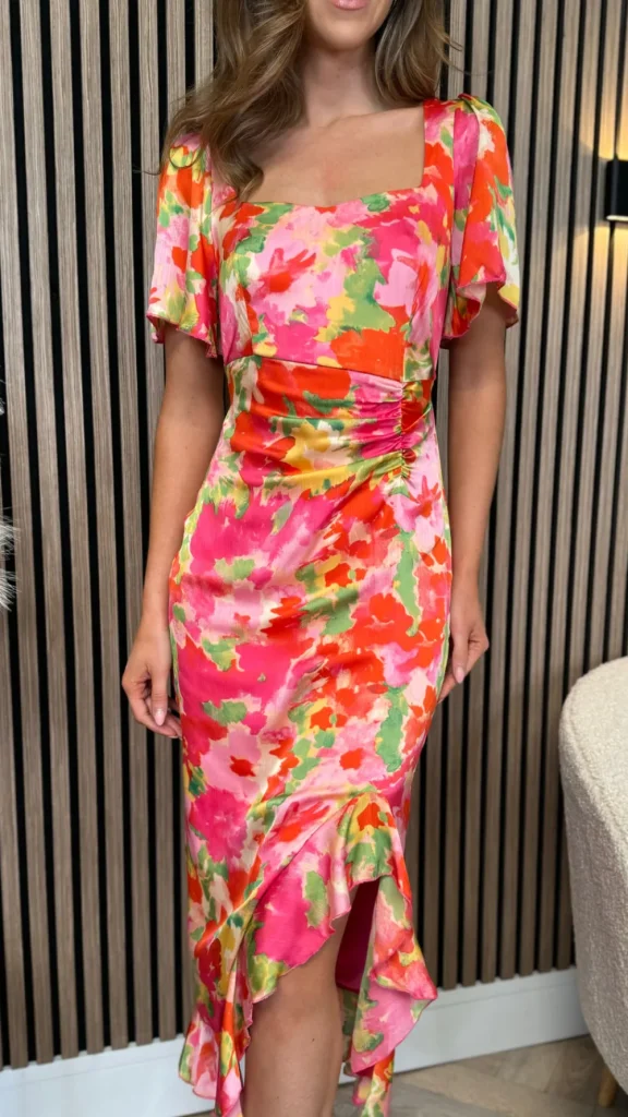 GIRL IN MIND Going Out Dresses | Occasion Dresses^Erica Orange Floral Burnout Ruched Midi Dress