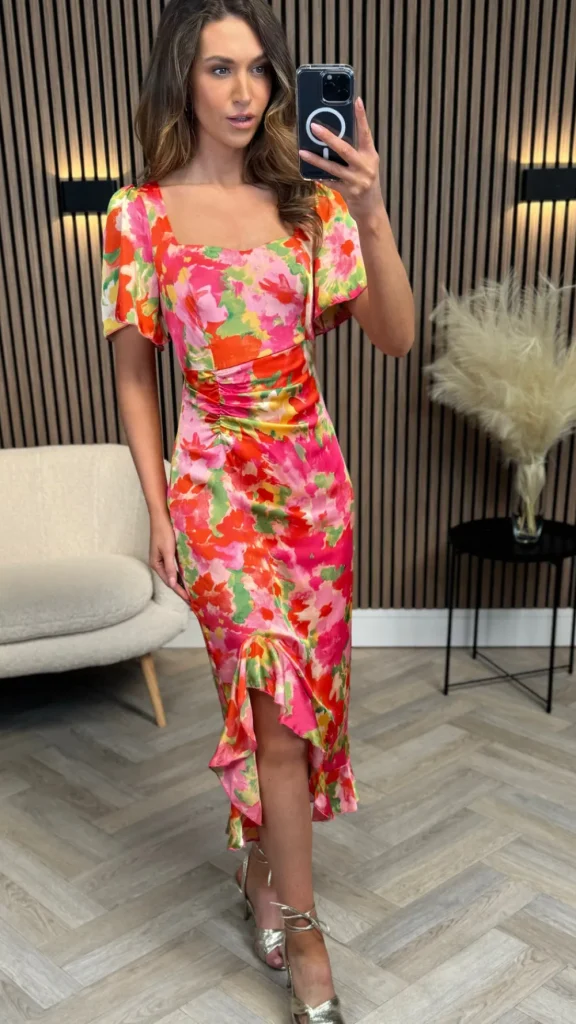 GIRL IN MIND Going Out Dresses | Occasion Dresses^Erica Orange Floral Burnout Ruched Midi Dress