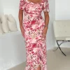 GIRL IN MIND Going Out Dresses | Occasion Dresses^Erica Pink Multi Floral Burnout Ruched Midi Dress