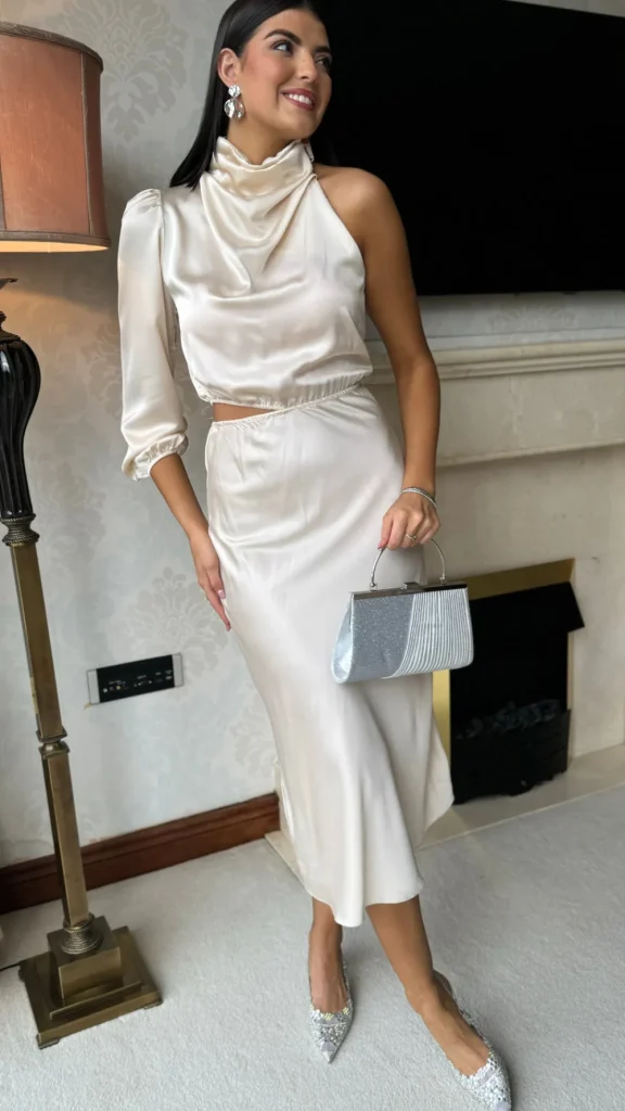 LORIANE Fitted Dresses | Going Out Dresses^Estella Beige High Neck One Sleeve Midi Dress