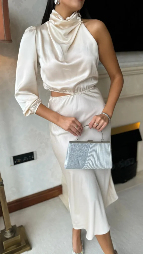 LORIANE Fitted Dresses | Going Out Dresses^Estella Beige High Neck One Sleeve Midi Dress