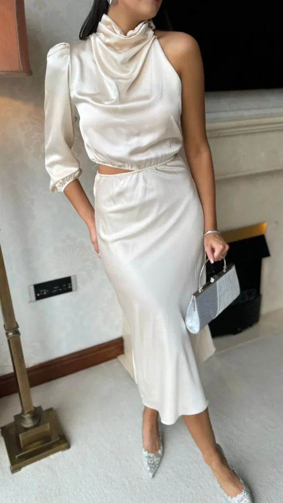 LORIANE Fitted Dresses | Going Out Dresses^Estella Beige High Neck One Sleeve Midi Dress