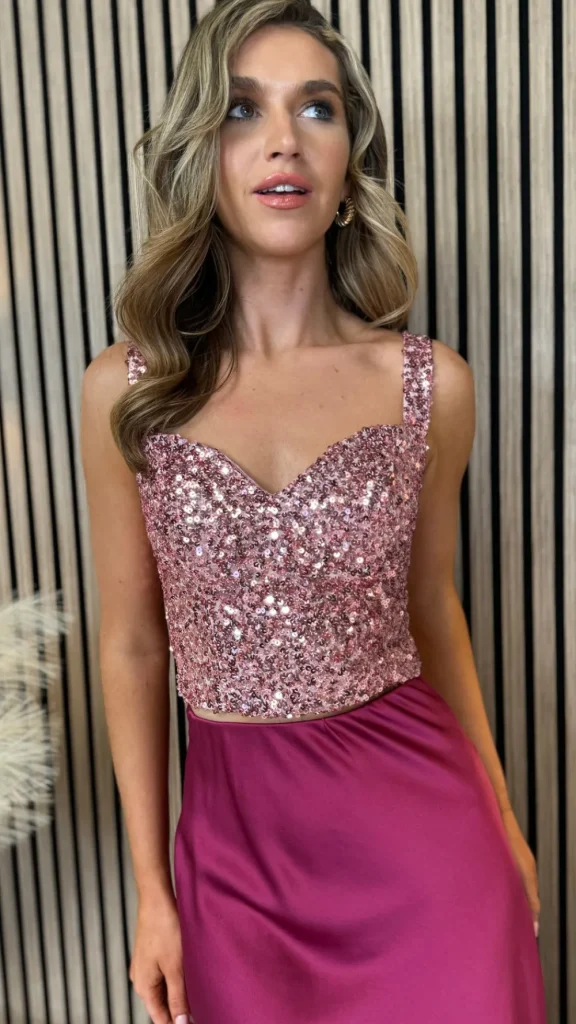 VERA LUCY Tops^Estella Pink Sequin Crop Top