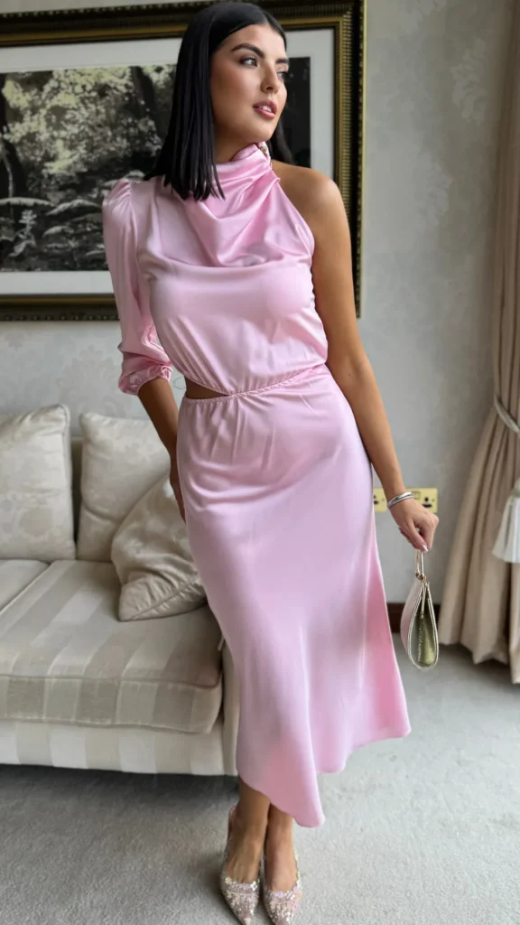 LORIANE Fitted Dresses | Going Out Dresses^Estella Rose Pink High Neck One Sleeve Midi Dress