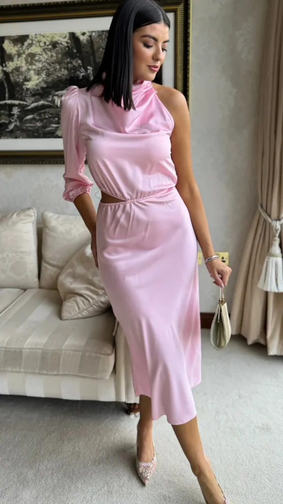 LORIANE Fitted Dresses | Going Out Dresses^Estella Rose Pink High Neck One Sleeve Midi Dress