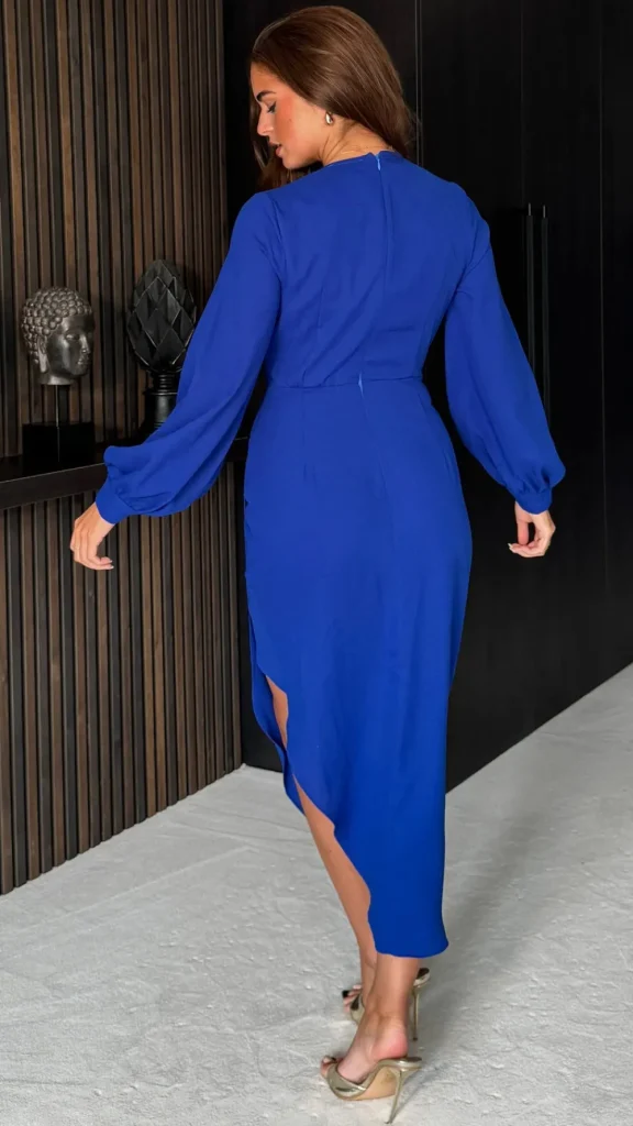 GIRL IN MIND Fitted Dresses | Going Out Dresses^Evangeline Royal Blue Long Sleeve Wrap Asymmetric Midi Dress