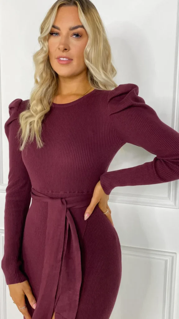 IONEL Knitwear | Fitted Dresses^Evie Burgundy Belted Knit Dress