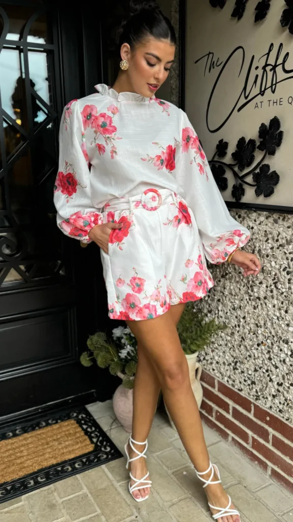 TIMELY Co-ords | Skirts & Shorts^Evie Red & Pink Floral Printed High Neck Top & Shorts Co Ord