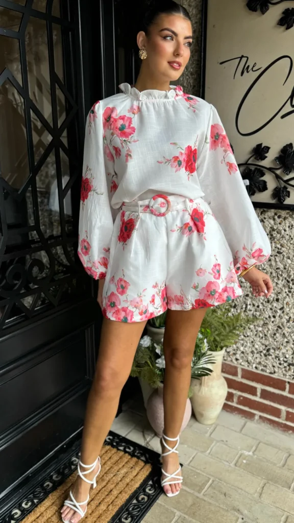 TIMELY Co-ords | Skirts & Shorts^Evie Red & Pink Floral Printed High Neck Top & Shorts Co Ord