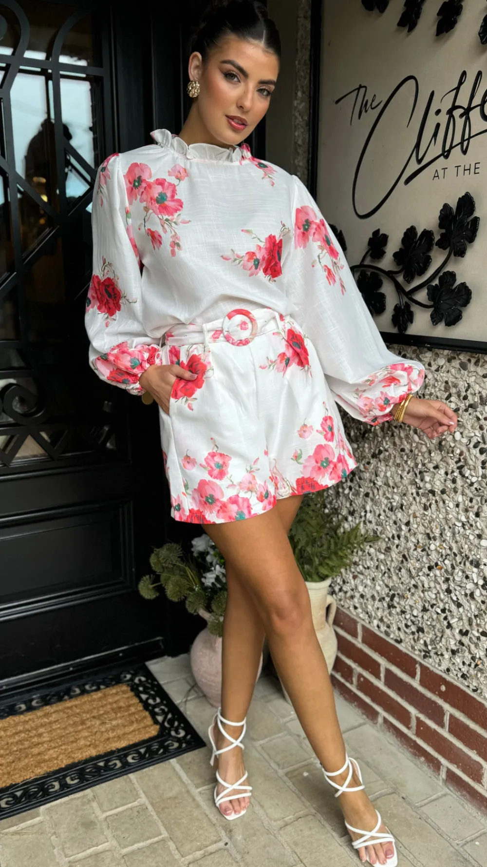 evie_red_amp_pink_floral__2.webp TIMELY Co-ords | Skirts & Shorts^Evie Red & Pink Floral Printed High Neck Top & Shorts Co Ord