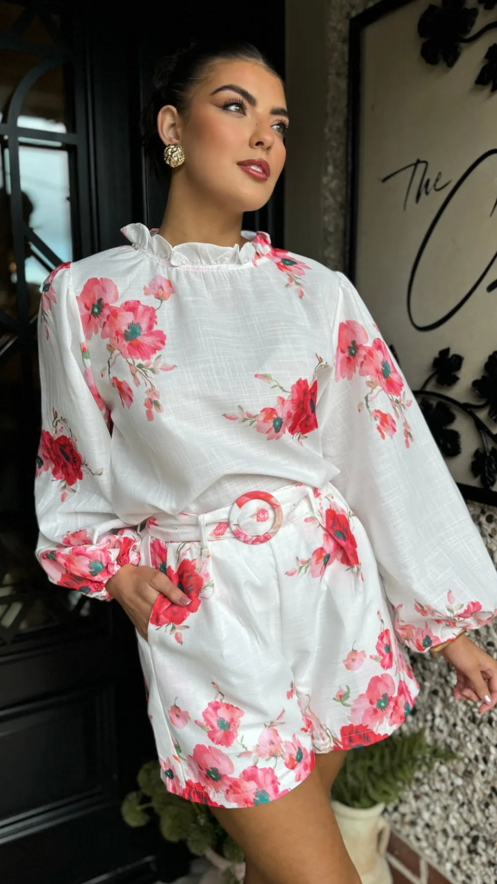 evie_red_amp_pink_floral__3.webp TIMELY Co-ords | Skirts & Shorts^Evie Red & Pink Floral Printed High Neck Top & Shorts Co Ord