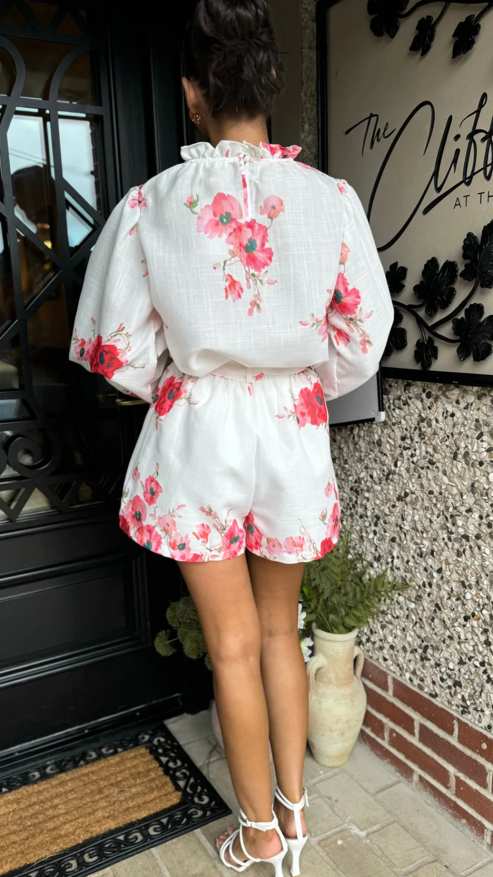 evie_red_amp_pink_floral__4.webp TIMELY Co-ords | Skirts & Shorts^Evie Red & Pink Floral Printed High Neck Top & Shorts Co Ord