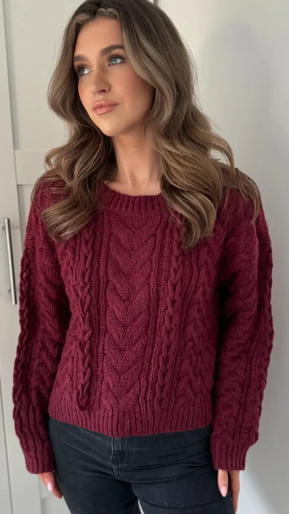 COPPEROSE Knitwear^Falconer Burgundy Chunky Knit Jumper