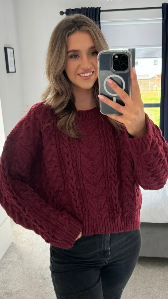 COPPEROSE Knitwear^Falconer Burgundy Chunky Knit Jumper