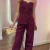 ELENZA Trousers | Co-ords^Farrah Burgundy Bustier Top & Trousers Co-Ord