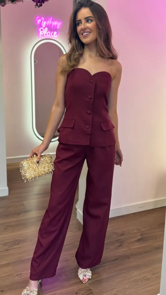 ELENZA Trousers | Co-ords^Farrah Burgundy Bustier Top & Trousers Co-Ord