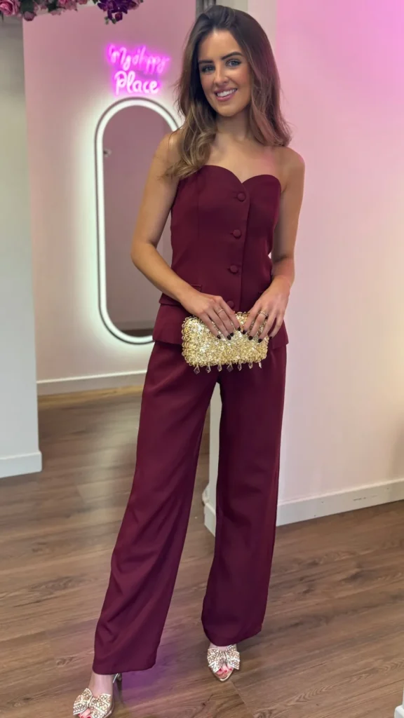 ELENZA Trousers | Co-ords^Farrah Burgundy Bustier Top & Trousers Co-Ord