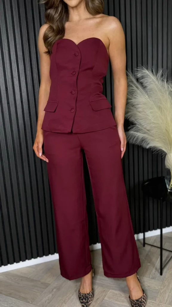 ELENZA Trousers | Co-ords^Farrah Burgundy Bustier Top & Trousers Co-Ord