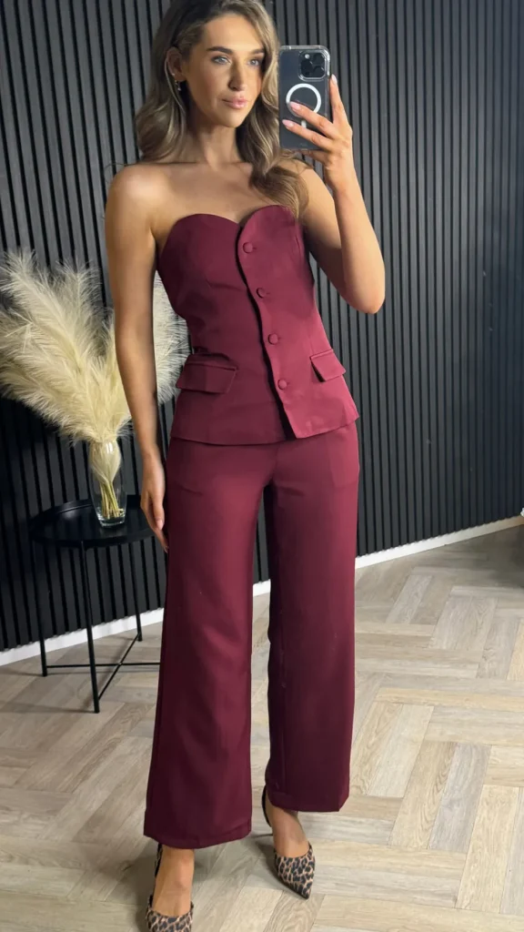 ELENZA Trousers | Co-ords^Farrah Burgundy Bustier Top & Trousers Co-Ord