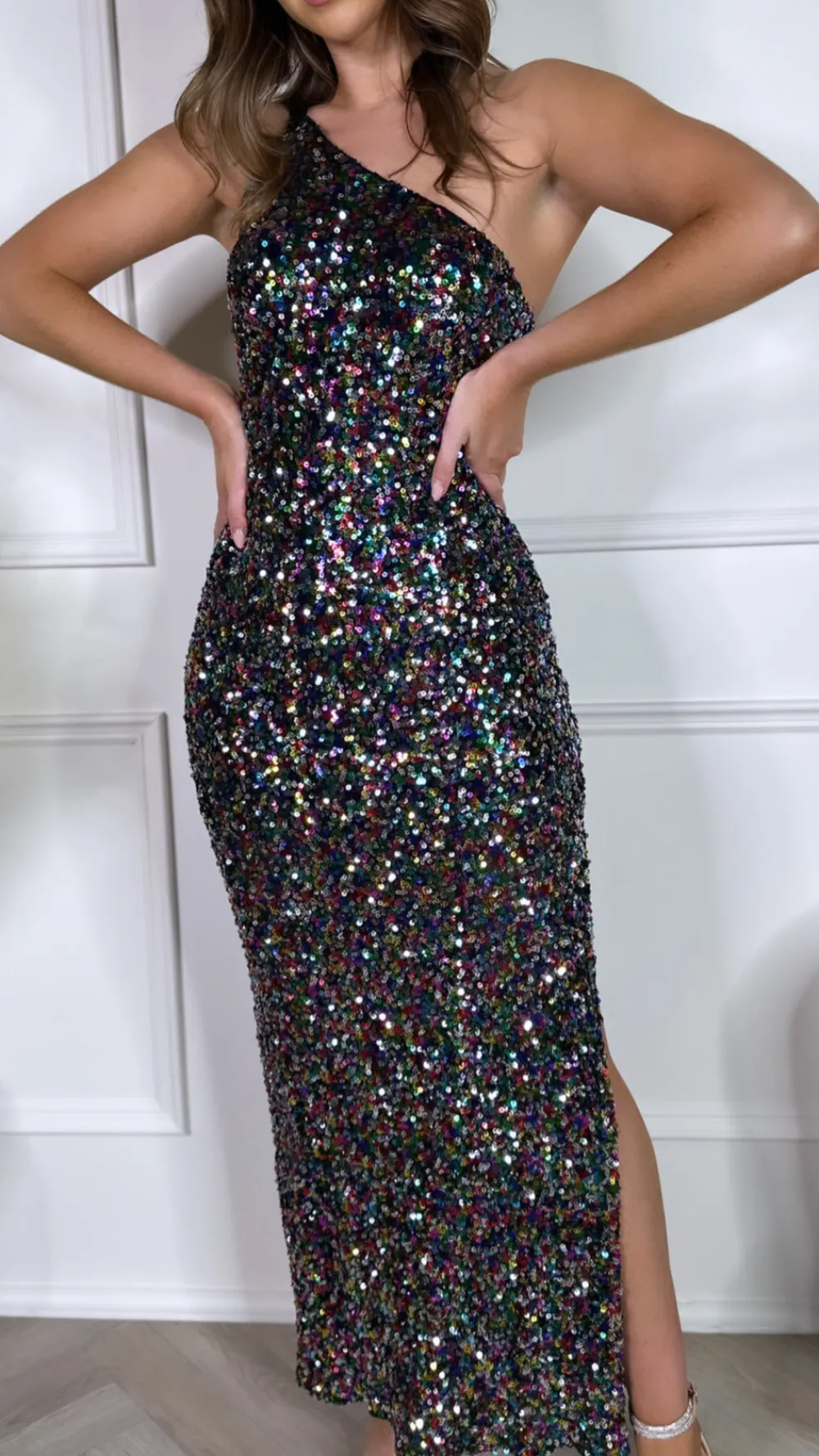 figaro_black_multi_colour_2.webp VERA LUCY Fitted Dresses | Occasion Dresses^Figaro Black Multi Colour Sequin One Shoulder Maxi Dress