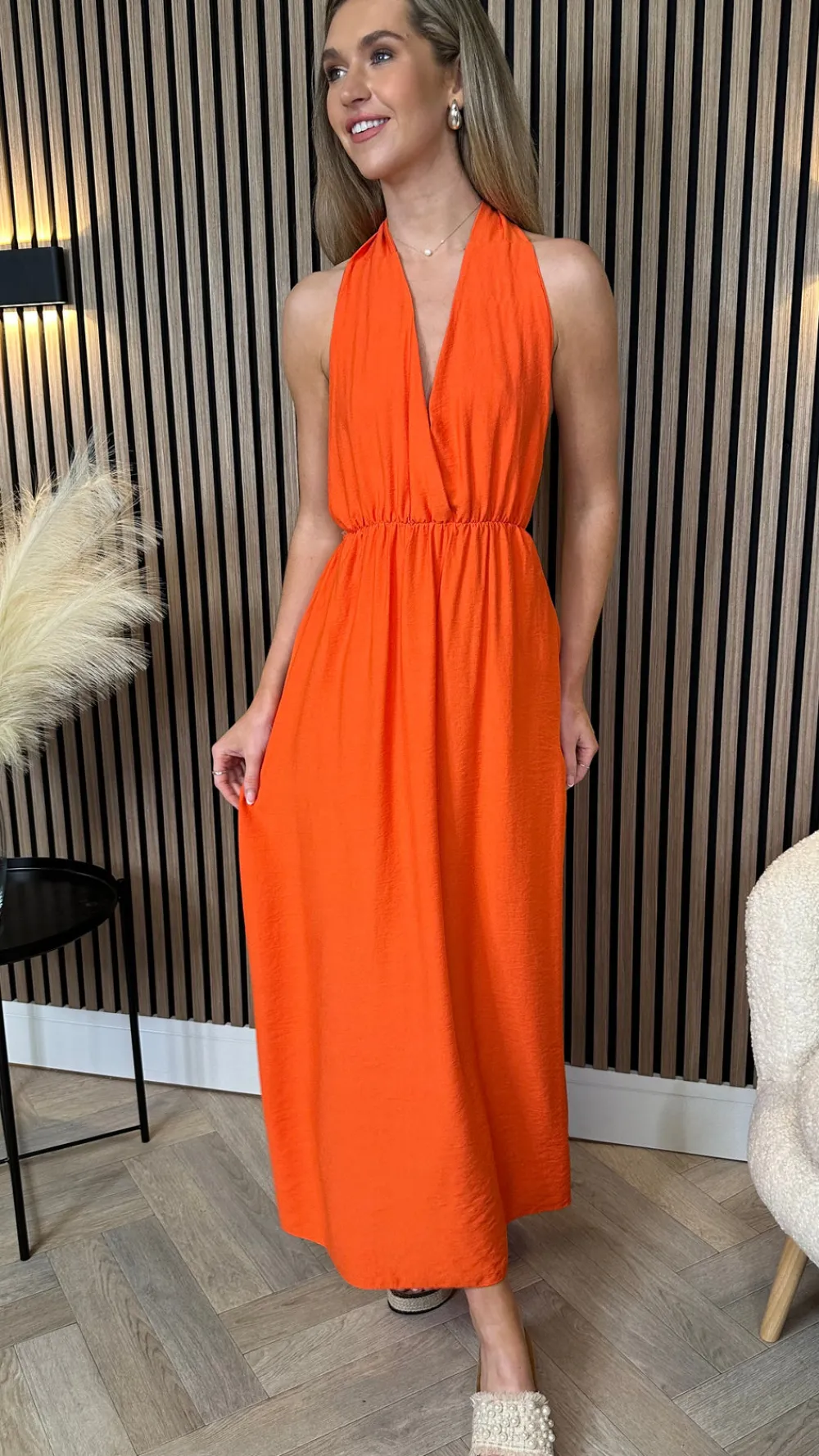 florie_orange_halterneck__0.webp COPPEROSE Going Out Dresses | Occasion Dresses^Florie Orange Halterneck Tie Detail Midi Dress