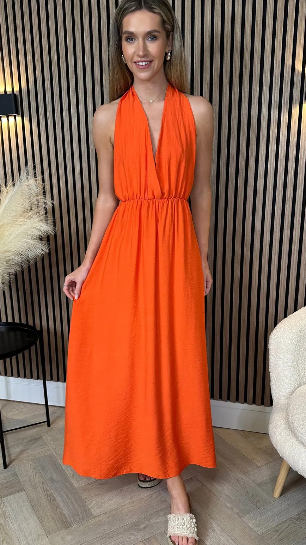 florie_orange_halterneck__1.webp COPPEROSE Going Out Dresses | Occasion Dresses^Florie Orange Halterneck Tie Detail Midi Dress