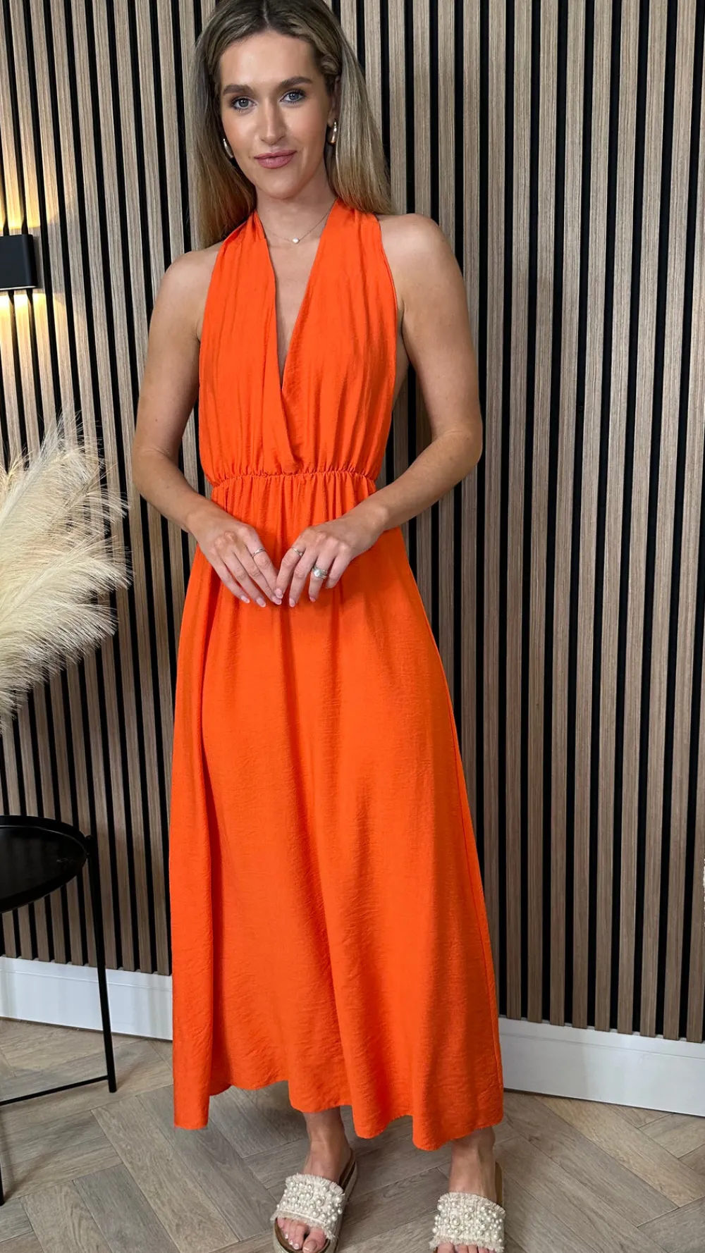 florie_orange_halterneck__2.webp COPPEROSE Going Out Dresses | Occasion Dresses^Florie Orange Halterneck Tie Detail Midi Dress