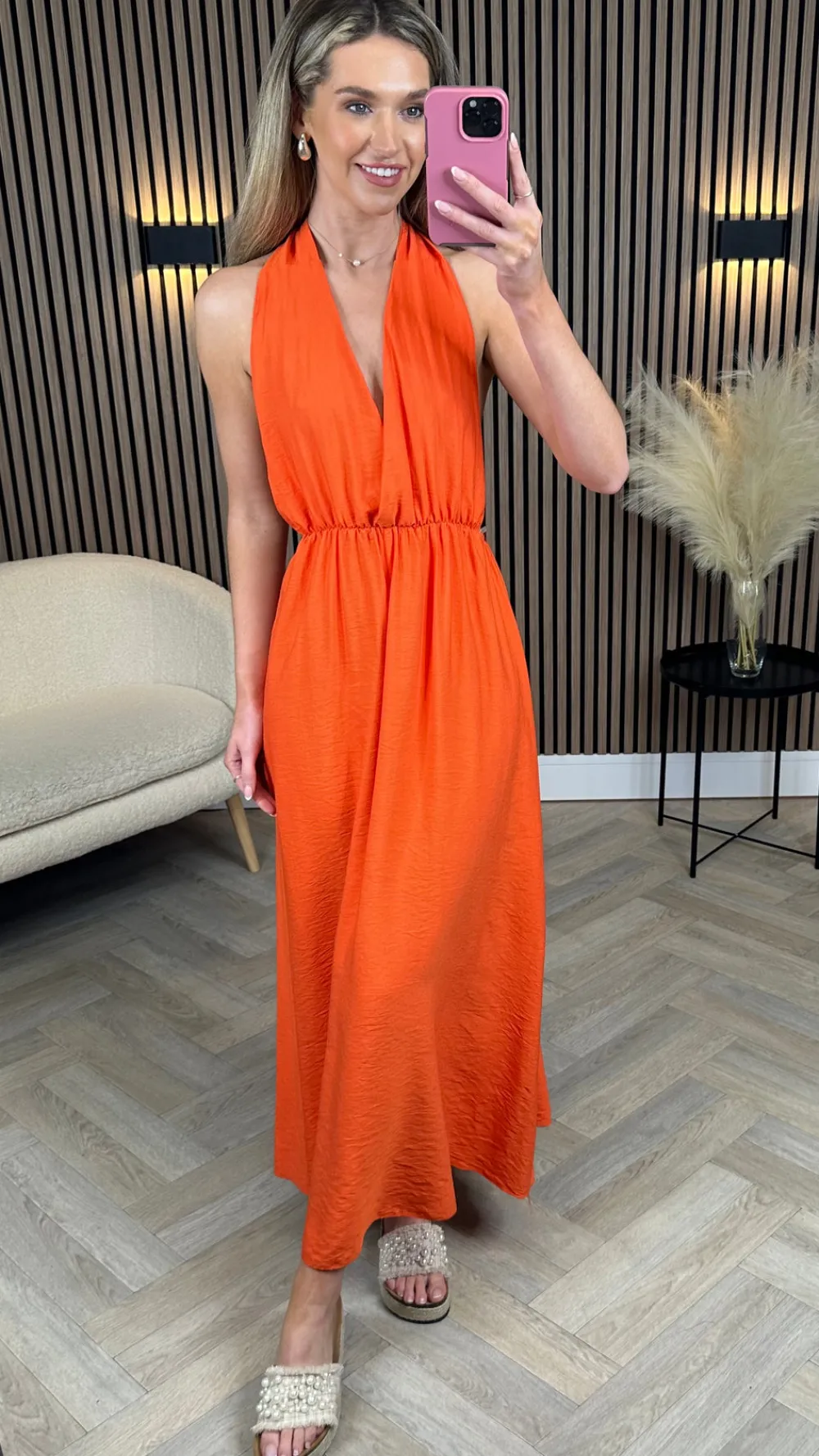 florie_orange_halterneck__4.webp COPPEROSE Going Out Dresses | Occasion Dresses^Florie Orange Halterneck Tie Detail Midi Dress