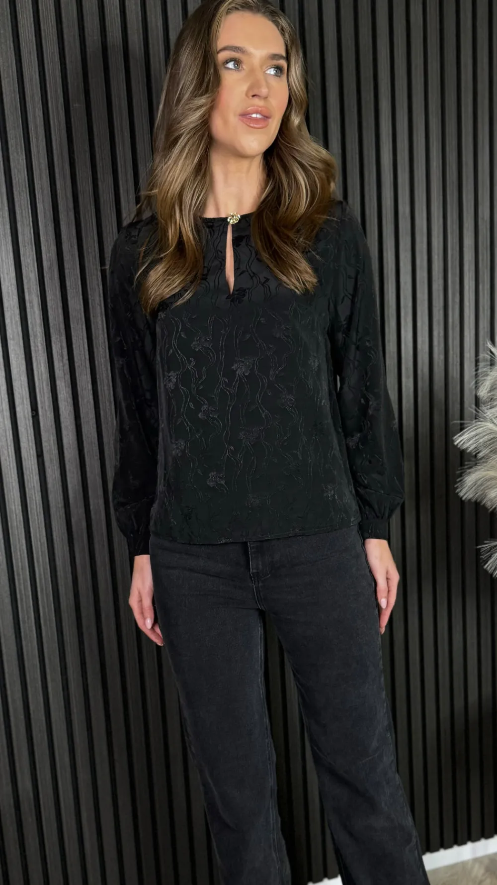 freya_black_drop_neck_top_1.webp PARIS FASHION SHOPS Tops^Freya Black Drop Neck Top With Gold Button