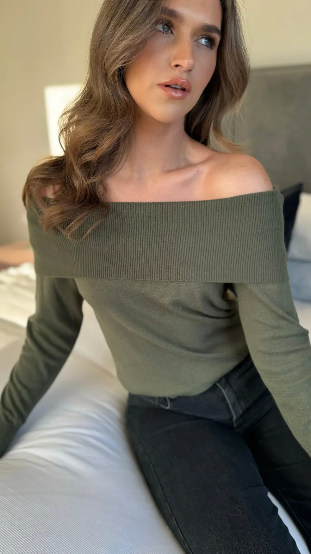 gabi_khaki_wide_neck_knit_1.webp SEVEN SEPT Knitwear^Gabi Khaki Wide Neck Knit Jumper