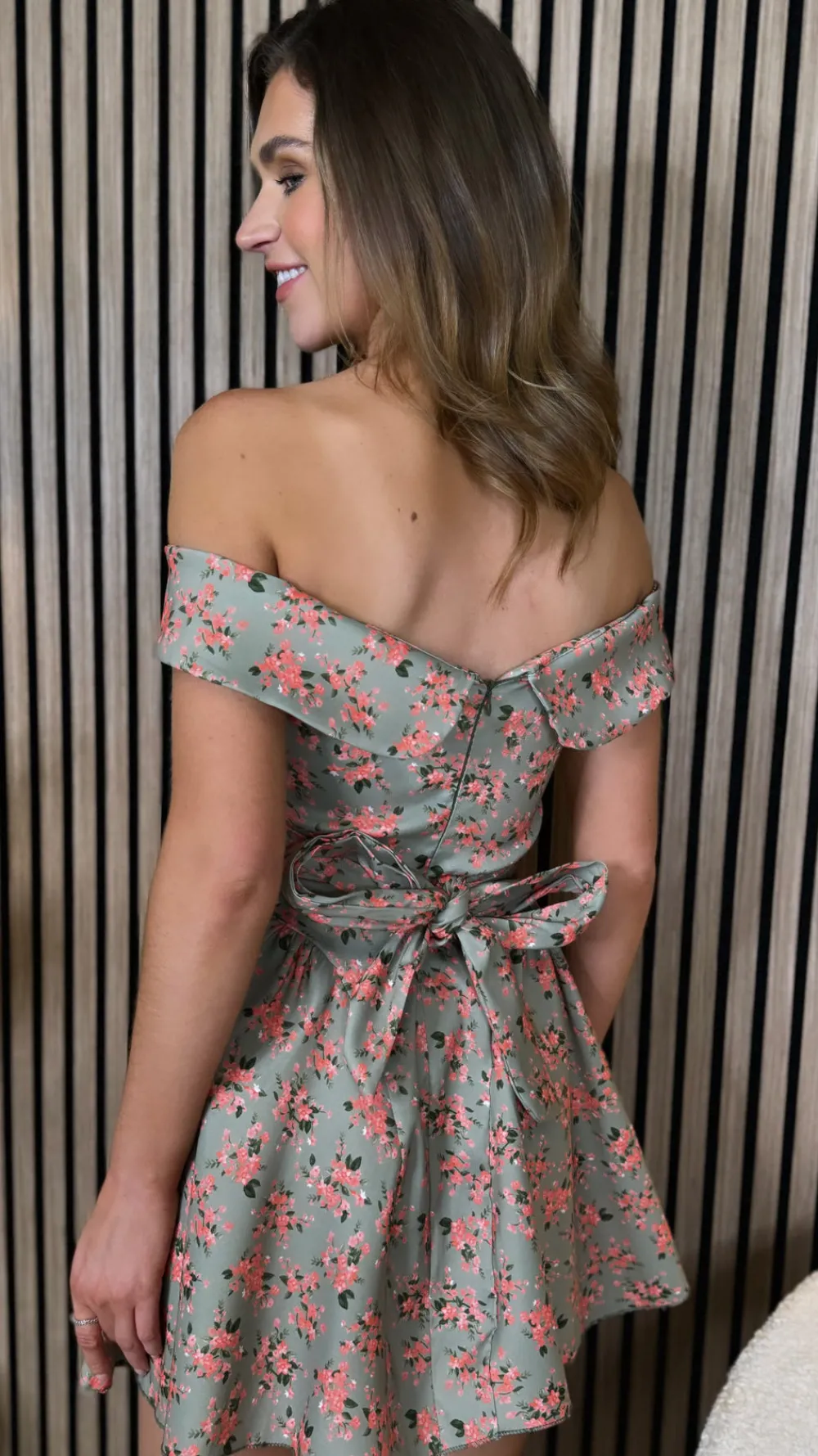 gabrielle_khaki_floral_pr_3.webp ALLYSON Day Dresses | Going Out Dresses^Gabrielle Khaki Floral Printed Off Shoulder Skater Mini Dress