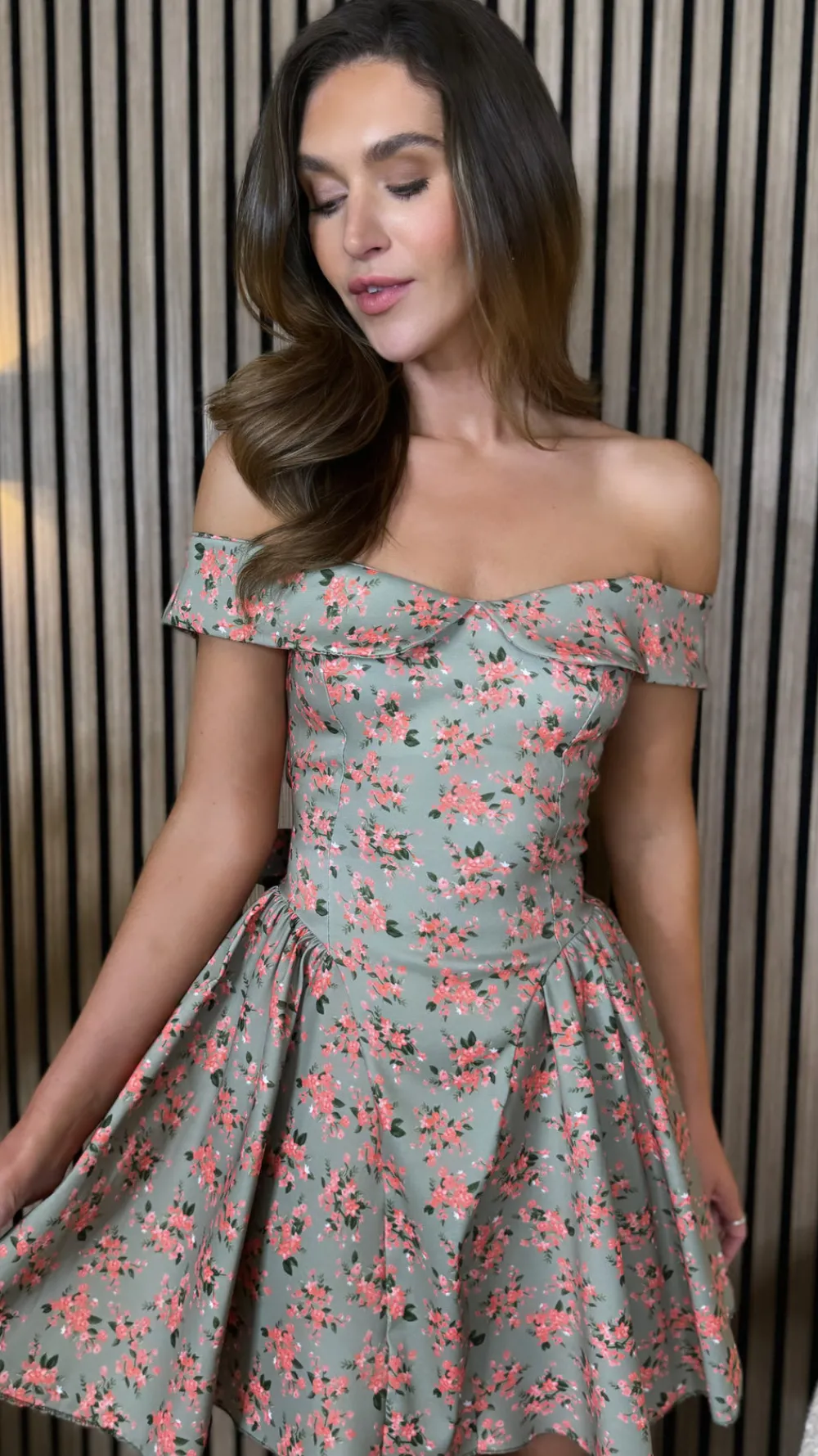 gabrielle_khaki_floral_pr_5.webp ALLYSON Day Dresses | Going Out Dresses^Gabrielle Khaki Floral Printed Off Shoulder Skater Mini Dress