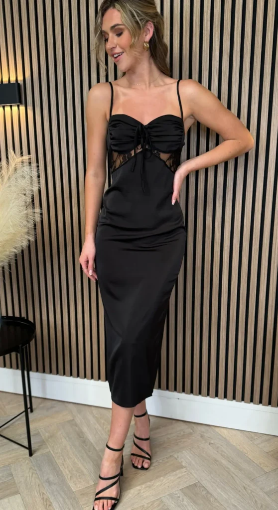 LUCCE Going Out Dresses | Occasion Dresses^Genevieve Black Satin Lace Detail Midi Dress