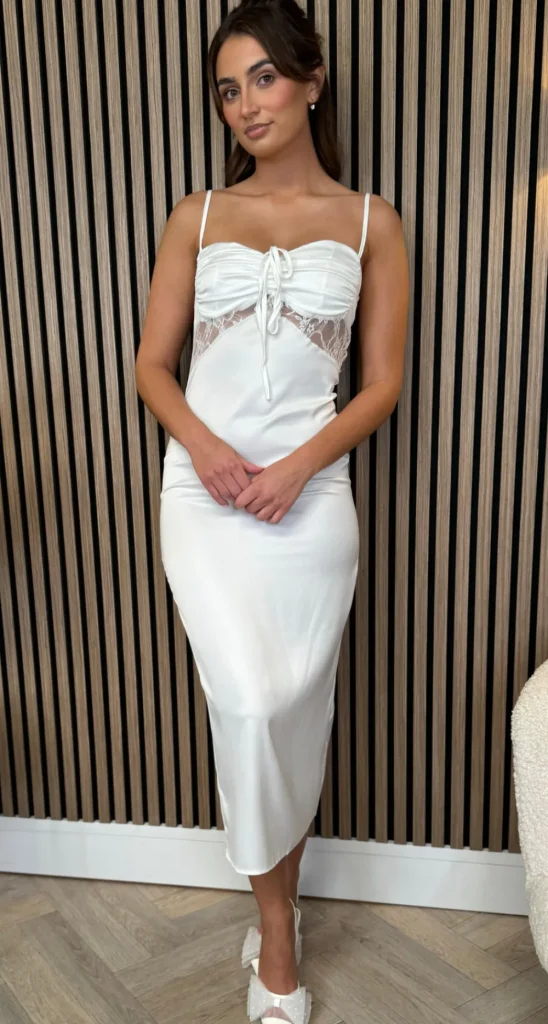 LUCCE Going Out Dresses | Occasion Dresses^Genevieve White Satin Lace Detail Midi Dress